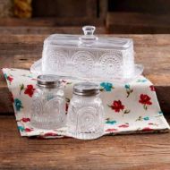 The Pioneer Woman Adeline Glass Butter Dish with Salt And Pepper Shaker Set,Turquoise | Stunning Adeline Butter Dish with Salt And Pepper Shaker Set - Turquoise (Clear) (1, Clear)