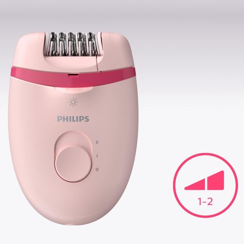 필립스 Philips Satinelle Essential Epilator Set BRP531/00 Smooth Skin for Weeks, 2 Speed Levels, Mini Epilator for Sensitive Areas, Tweezers for Fine Corrections, Pink/White