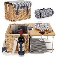 HappyPicnic Extra Large Willow Picnic Basket with Service Set for 4 Persons, Natural Wicker Picnic Hamper with Free Food Cooler, Fleece Blanket and Tableware - Best Gift