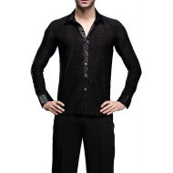 YILINFEIER Men Professional Noble Dark Stripe Long Sleeves Lapel and Stand Collar Cotton Latin Salsa Samba Chacha Modern Dance Shirts