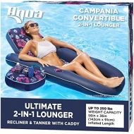 AQUA Campania Ultimate 2 in 1 Recliner & Tanner Pool Lounger with Adjustable Backrest and Caddy, Inflatable Pool Float, Navy Hibiscus