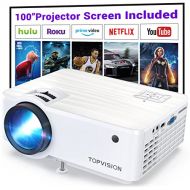 Video Projector, TOPVISION 4500L Portable Mini Projector with 100” Projector Screen, 1080P Supported, Built in HI-FI Speakers, Compatible with Fire Stick, HDMI, VGA, USB, TF, AV, P