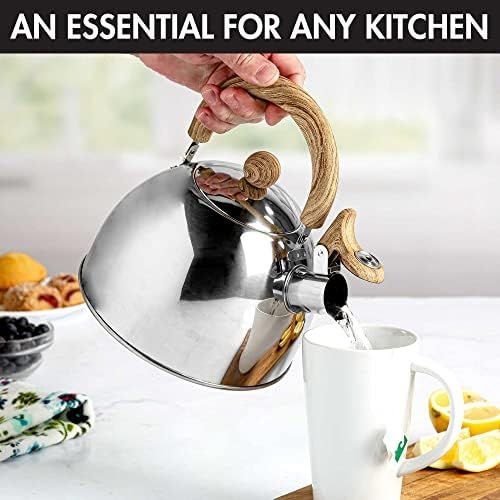  Primula Stewart Whistling Stovetop Tea Kettle Food Grade Stainless Steel, Hot Water Fast to Boil, Cool Touch Folding, 1.5 Qt, Polished Silver with Wood Handle