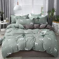 [아마존베스트]Kimko Pine&Elk Bedding Set-Nordic Simplified Style with Pine Tree&Deer Pattern Dark Cover -4Pcs -1 Duvet Cover Set + 1 Flat Sheet + 2 Pillowcases (Twin, Deer)