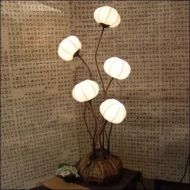 Antique Alive Paper Lamp Mulberry Rice Paper Ball Handmade Five Flower Bud Design Art Shade White Round Globe Lantern Brown Asian Oriental Decorative Accent Home Decor Bedroom Table Floor Lamp