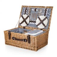 PICNIC TIME Belmont Wicker Picnic Basket with Deluxe Service for Four, Navy/White Stripe