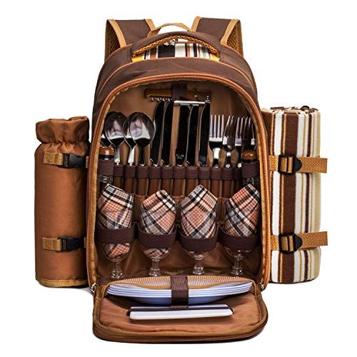 apollo walker Picnic Backpack Bag for 4 Person with Cooler Compartment,Wine Bag, Picnic Blanket(45x53),Best for Family and Lovers Gifts (Brown)