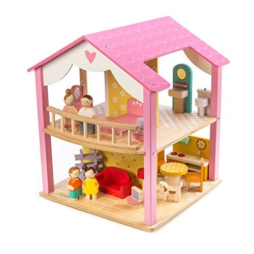 Tender Leaf Toys 2 Storey Pink Leaf House with Swivel Base - 18” Tall Classic Doll House with 14 Doll Furniture Pieces - Premium Quality Construction - Develops Social and Emotional Skills - 3 Year