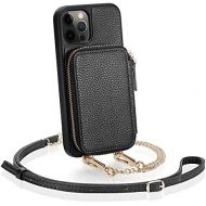 [아마존베스트]ZVE Wallet Case Compatible with iPhone 12 Pro Max, 6.7 inch, Zipper Crossbody Phone Case with Card Holder Wrist Strap Purse Cover Compatible with iPhone 12 Pro Max, 6.7 inch-Black