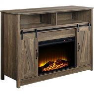 Acme Furniture Acme Tobias Electric Fireplace Rustic Farmhouse TV Stand with Sliding Barn Door for TVs up to 55, Rustic Oak Finish