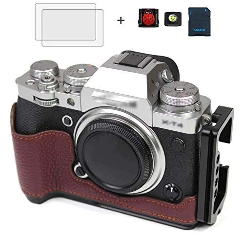  PCTC X-T4 Metal Hand Grip Quick Release L Plate Bracket Holder, Real Leather (Coffee Color) Camera Bottom Holder Grip for Fujifilm x-t4, 2screen Protector+2Hot Shoe Cap Cover+1Macro SD/