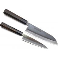 Yoshihiro Kurouchi Black-Forged Blue Steel Stainless Clad Santoku Chefs Knife and Petty Utility Knife (Santoku 165mm / Petty 135mm & No Saya)