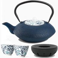 Bredemeijer Teekanne asiatisch Gusseisen Set blau 1,2 Liter mit Tee-Filter-Sieb und gusseisernen Stoevchen inkl. Teebecher Porzellan