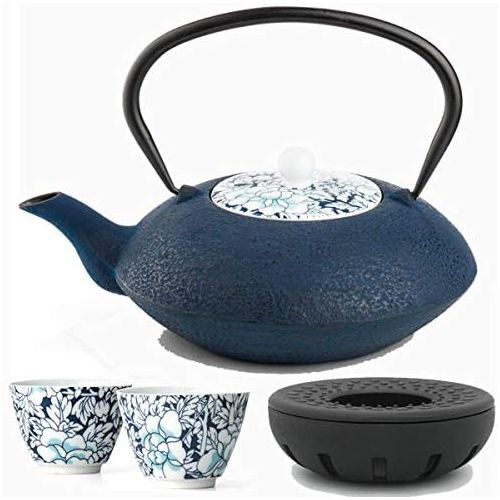  Bredemeijer Teekanne asiatisch Gusseisen Set blau 1,2 Liter mit Tee-Filter-Sieb und gusseisernen Stoevchen inkl. Teebecher Porzellan