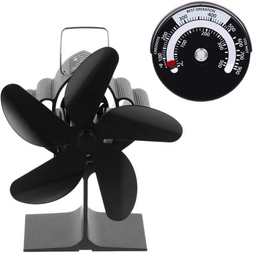  JIU SI Wood Stove Fan, 5 Blades Heat Powered Stove Fan with Thermometer, Stove Fans Non Electric for Log Burner/Burning/Wood Burner Stove, Quiet Motor, Circulating Warm Air Saving