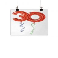 Anzhutwelve 30th Birthday Modern Oil Paintings Red Colored Number Balloons with Swirl Ribbons Festive Party Concept Canvas Wall Art Red Blue Green 35x31