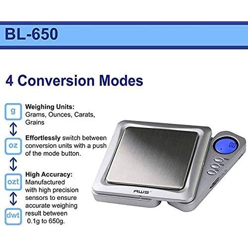  American Weigh Scales Blade Series Digital Precision Pocket Weight Scale, Silver, 650 x 0.1G (BL-650-SIL)
