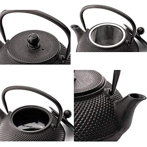  Bredemeijer Teekanne asiatisch Gusseisen Set schwarz 1,1 Liter mit Tee-Filter-Sieb mit Untersetzer und 6 Teebecher