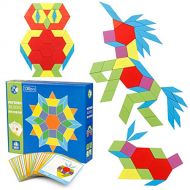 Coogam Wooden Pattern Blocks Set 130PCS Geometric Color Shape Manipulative Puzzle ? Graphical Montessori Tangram Early Learning Educational Toys Brain Teasers STEM Gift for Kids wi