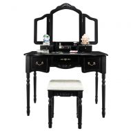 Bonnlo Large Vanity Set for Girls/Women/Adults 5 Drawers Makeup Dressing Table with Cushioned Stool,Tri-Folding Mirror Vanity Table with Necklace Hooks and Removable Desk Makeup Or