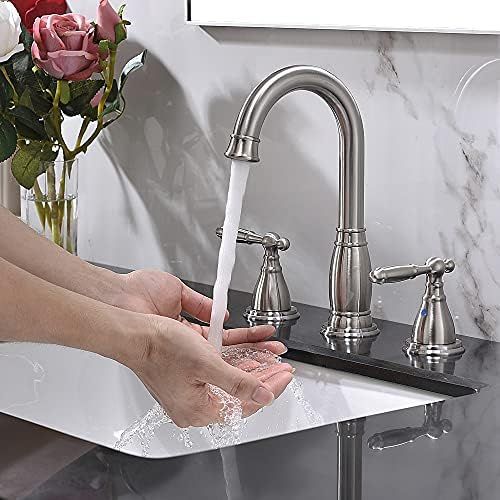  Three-Hole 8 inch Two-Handle Brushed Nickel Widespread Bathroom Faucets with Valve and Metal Pop-Up Drain Assembly by Phiestina, WF017-4-BN