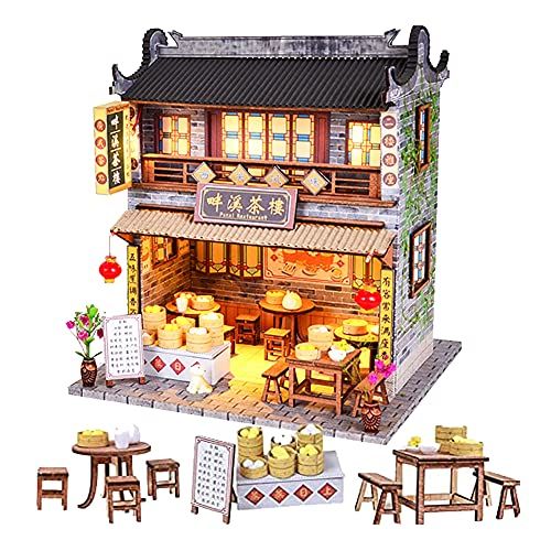  WYD DIY Chinese DIY Doll House Ancient Architecture Handmade Mini Wooden House Miniature Dollhouse Furniture Set Children Toys New Year Birthday Wedding Gift (Panxi Tea House)