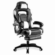 Merax PP033845 High-Back Racing, Ergonomic Gaming Footrest, PU Leather Swivel Computer Home Office Chair Including Headrest and Lumbar Support (White)