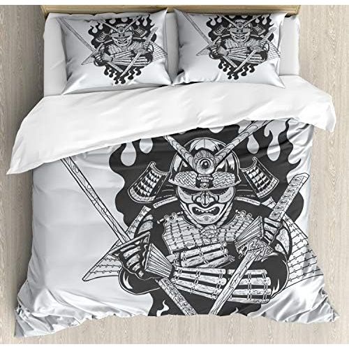  Lunarable Japanese Duvet Cover Set, Fearsome Ghost Ninja in Oriental Far Eastern Fighter Greyscale Design, Decorative 3 Piece Bedding Set with 2 Pillow Shams, California King, Whit