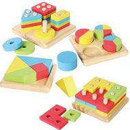 JOYIN Toy 4 in 1 Wooden Educational Shape Color Sorting Puzzles Preschool Stacking Block Toddler Toys