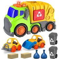 Forty4 Car Toys for 1 2 3 4 Years Old Toddler Boy and Girl, Garbage Truck with 2 Garbage Cans, Small Bulldozer Forklift, Trash Truck with Sound and Light, Recycling Truck Playset for Chri