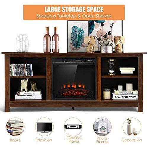  Tangkula Fireplace TV Stand, 1400W Electric Fireplace Stove TV Console Center for TVs up to 65 Inches, Home Media Stand w/ Fireplace, Remote Control & Adjustable Brightness for Liv