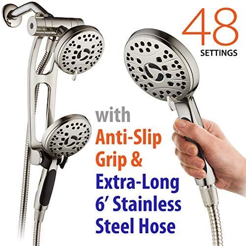  AquaSpa High Pressure 48-mode Luxury 3-way Combo with Adjustable Extension Arm  Dual Rain & Handheld Shower Head  Extra Long 6 Foot Stainless Steel Hose  All Brushed Nickel Fini