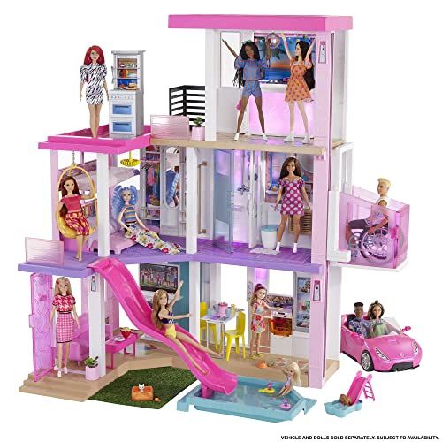 바비 Barbie Dreamhouse (3.75-ft) 3-Story Dollhouse Playset with Pool & Slide, Party Room, Elevator, Puppy Play Area, Customizable Lights & Sounds, 75+ Pieces, Gift for 3 to 7 Year Olds,