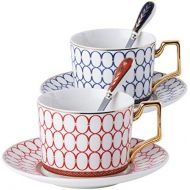 Jusalpha Set of 2 Elegant Modern Blue and Red Tea Cups and Saucers Set-Coffee Cup Set with Saucer and Spoon FD-TCS17 (Circle pattern)