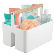 MDesign mDesign Plastic Portable Storage Organizer Utility Caddy Tote, Divided Basket Bin with Wood Handle for Bathroom, Dorm Room, Holds Hand Soap, Body Wash, Shampoo, Conditioner, Lotion