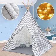 [아마존베스트]Tiny Land Teepee Tent for Kids with Mat- Play Tent for Boy Girl Indoor & Outdoor, Gray Chevron Heavy Cotton Canvas Teepee