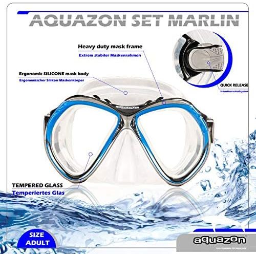  AQUAZON Aquazon Marlin high-quality snorkel set, diving set, swimming set, snorkel goggles, tempered glass, adjustable fins, snorkel with dry top, silicone, adults, senior.