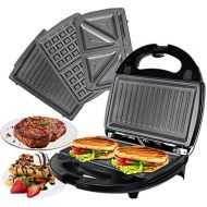 [아마존베스트]OZAVO Sandwich maker 3 in 1, waffles, panini aster, 3 removable grill plates, table grill for toast, waffles, meat, black, 750 W