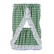 Melody Jane Dolls Houses Melody Jane Dollhouse Green Beige Gingham Country Kitchen Curtains & Valance 1:12 Scale