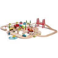 Bigjigs Rail 80pc Rural Road and Rail Wooden Train Set - Kids Train Set with 80 Bigjigs Train Accessories incl. Bridges & a Level Crossing for Pretend Play