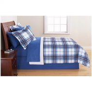 LINENSPA Bedding Set Complete 6pc Boy Blue Plaid College Dorm Reversible Twin/Twin Comforter and Bedding Set