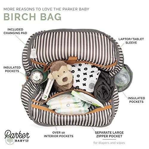  Parker Baby Co. Parker Baby Diaper Backpack - Large Diaper Bag with Insulated Pockets, Stroller Straps and Changing Pad -Birch Bag - Cream