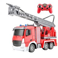 UJIKHSD Remote Control Fire Truck Shoots Water Extendable Rescue Ladder 6 Channel Fire Engine Working Sounds Lights RC Trucks Xmas Birthday for Kids