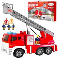 FUNERICA Fire Truck with Water Hose Pump, Flashing Lights, Siren Sounds, Extending Ladder, 5 Fireman, Firefighter Figures, Powered Firetruck Engine, Best Toy Gift for Toddlers, Kid