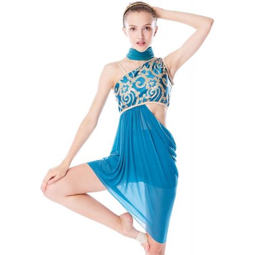  MiDee Lyrical Dress 2 Pieces Dance Costumes Floral Sequins Highlow Neck Side Waist Open Drap Skirt