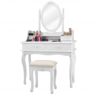 Giantex White Vanity Set with Mirror and Stool, Bedroom Wood Makeup Table for Women Girls Gift, Mirrored Dressing Table Desk Vanity Dresser with Storage, Modern Room Vanities with