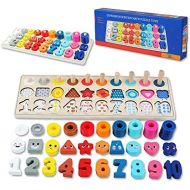 [아마존베스트]QZMTOY QZM Wooden Montessori Toys for Kids, Toddler Number Puzzles Sorter Counting Shape Stacker Stacking Game Preschool Toys for Boy Girl Learning Education Math Blocks Chunky Puzzles Gi