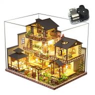 WYD Japanese Style Large Luxury Courtyard Model 3-Story Villa Wooden Dollhouse Kit DIY Creative Dollhouse Craft with Dust Cover, Music Movement, LED