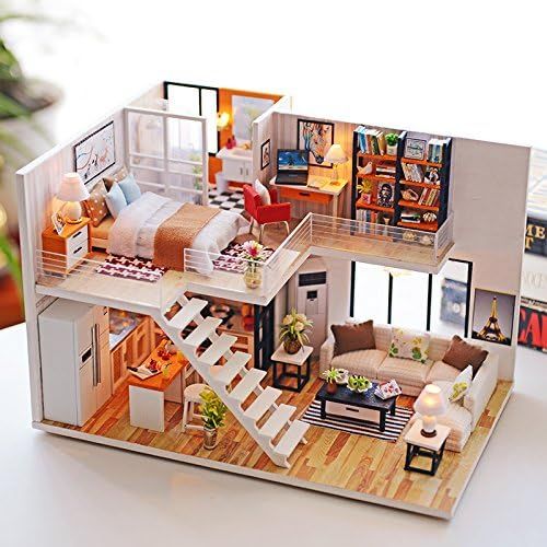  WYD DIY Loft Apartments Wooden Dollhouse Miniature Dolls House LED Lights Assembly Kit 3D Puzzle Crafts Toy Creative Children Birthday Gifts