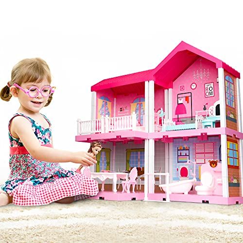  TEMI Dollhouse Dreamhouse with Dolls, DIY Cottage Pretend Play Doll House with Accessories Including Furniture and Household Items, Girl Toys for 3 4 5 6 7 Year Old